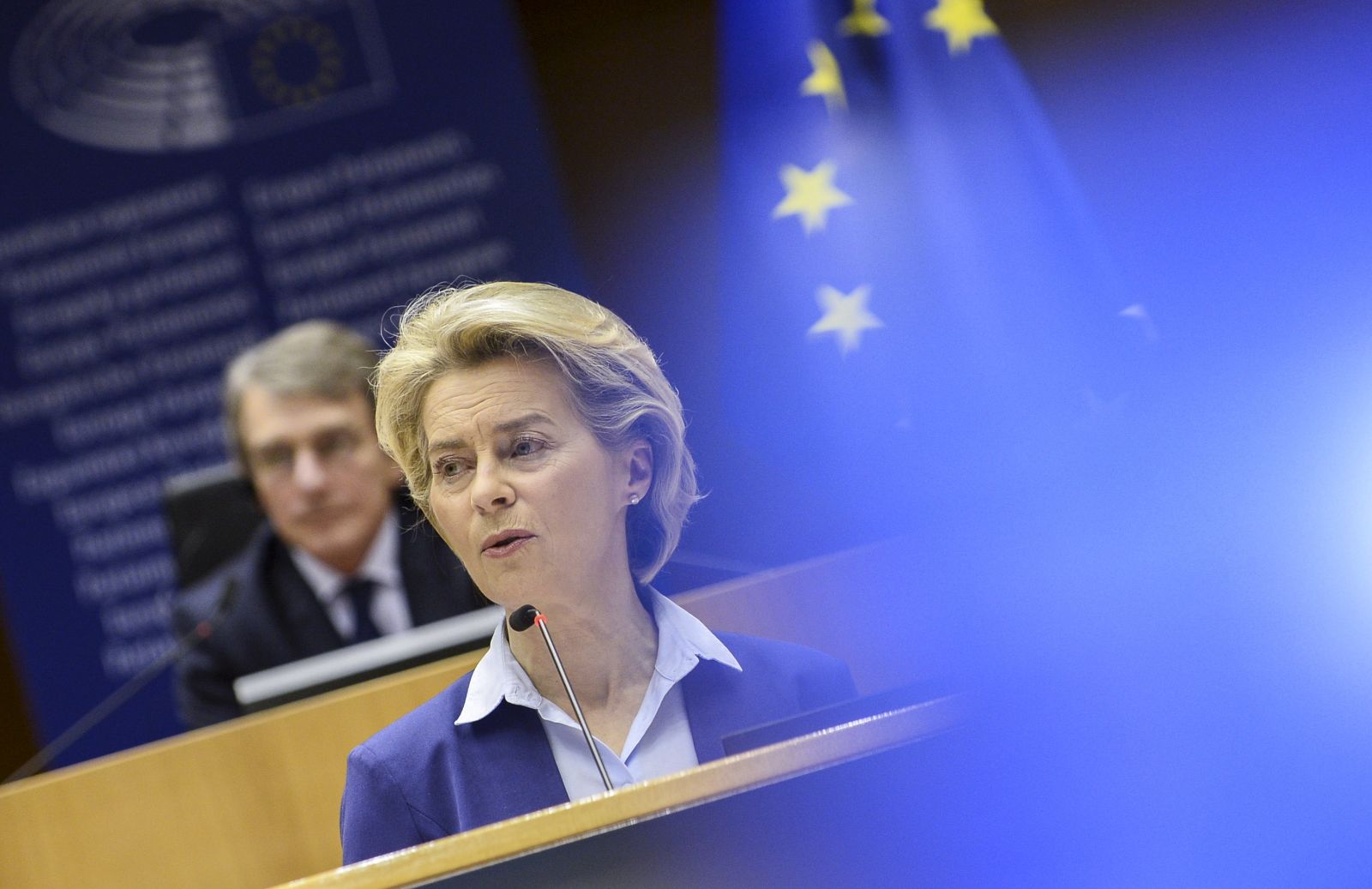epa09065375 European Commission President Ursula von der Leyen (R) speaks at the signing ceremony of the declaration on the Future of Europe, in Brussels, Belgium, 10 March 2021.  EPA/JOHANNA GERON / POOL