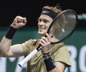 epa09059838 Andrey Rublev of Russia reacts after winning the final of the ABN AMRO World Tennis Tournament against Marton Fucsovics of Hungary in Rotterdam, Netherlands, 07 March 2021.  EPA/Koen Suyk