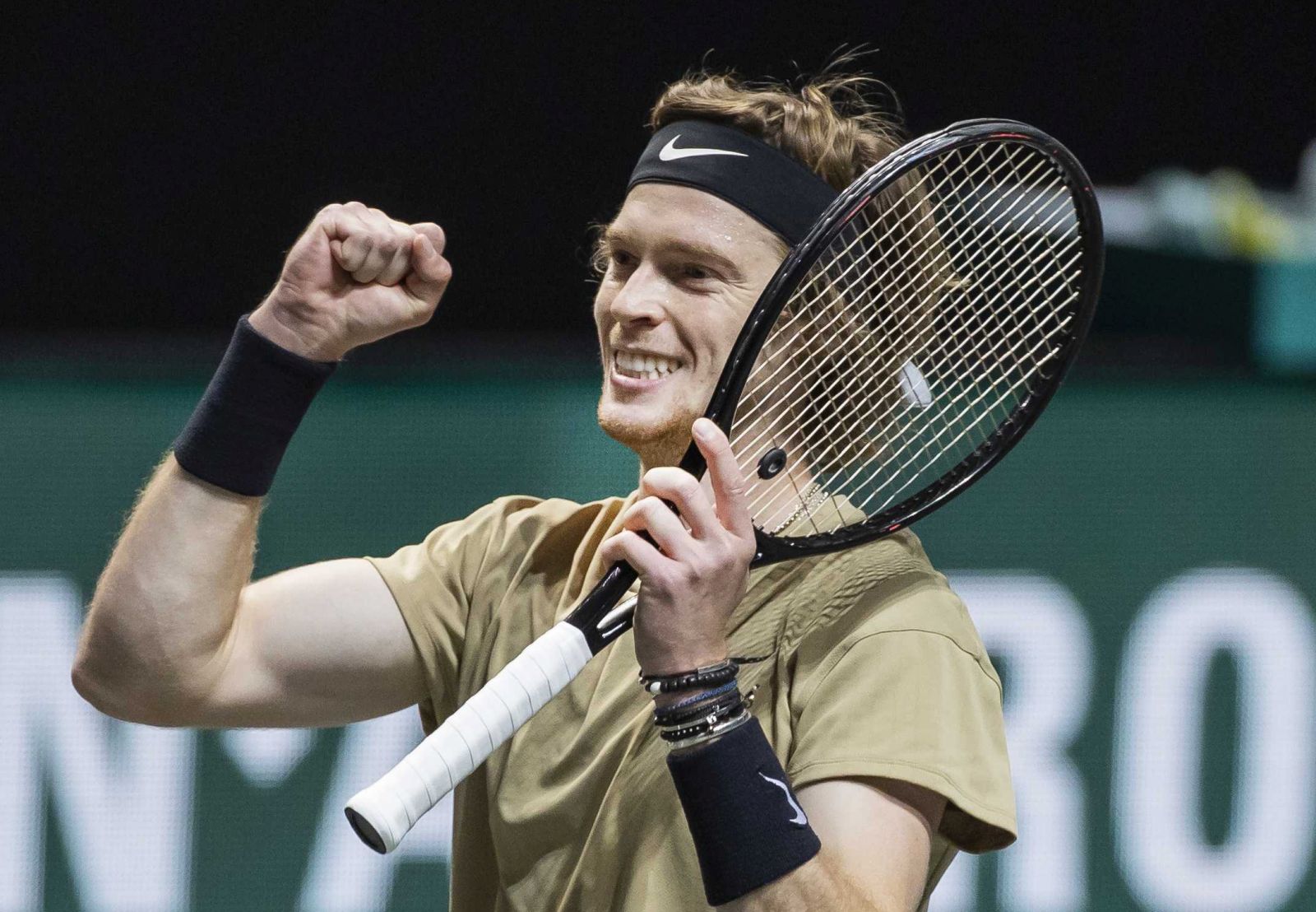 epa09059838 Andrey Rublev of Russia reacts after winning the final of the ABN AMRO World Tennis Tournament against Marton Fucsovics of Hungary in Rotterdam, Netherlands, 07 March 2021.  EPA/Koen Suyk