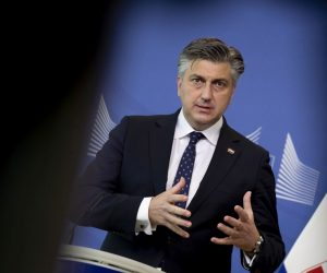 epa09069439 Croatia's Prime Minister Andrej Plenkovic speaks during a media conference after a meeting at EU headquarters in Brussels, Belgium, 12 March 2021.  EPA/Virginia Mayo / POOL