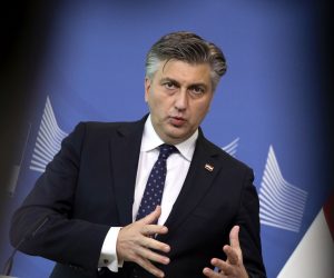 epa09069436 Croatia's Prime Minister Andrej Plenkovic speaks during a media conference after a meeting at EU headquarters in Brussels, Belgium, 12 March 2021.  EPA/Virginia Mayo / POOL