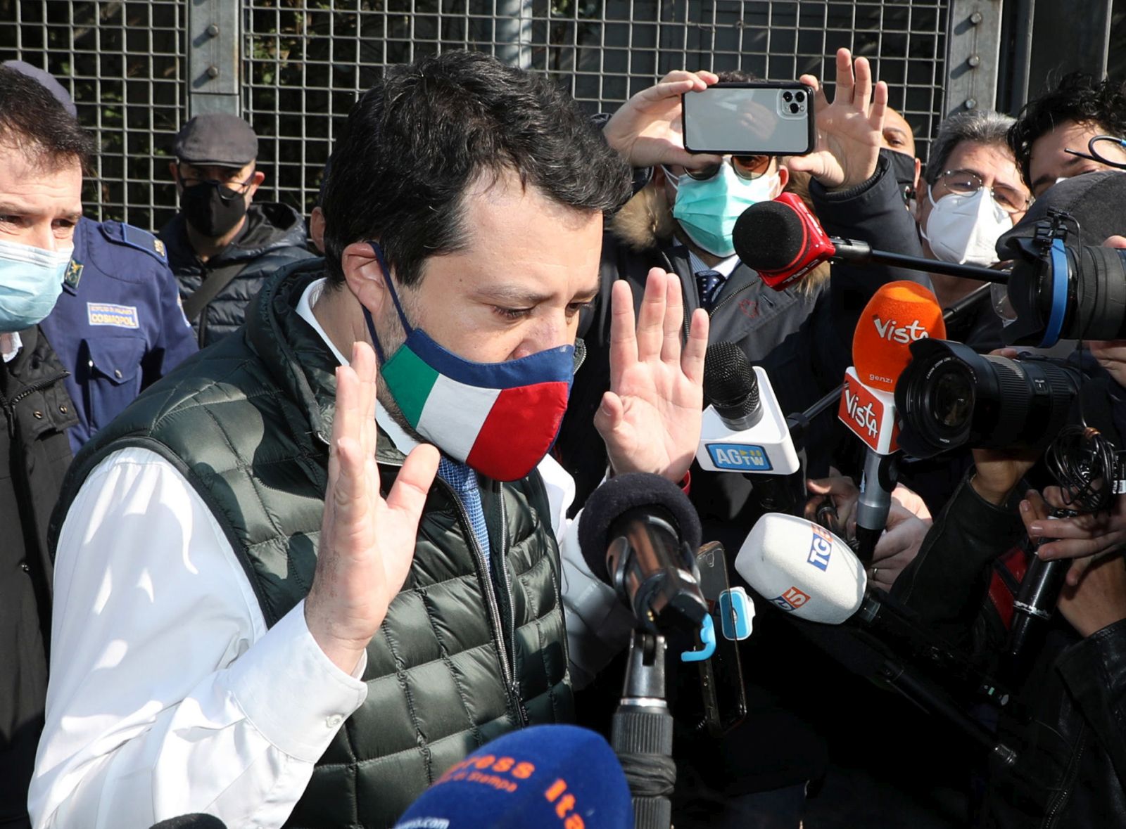 epa09071497 Lega Nord (Northern League) leader Matteo Salvini meets the press before visiting the hospital set up inside one of the pavilions of Fiera Milano City, in Milan, Italy, 13 March 2021. Most of Italy is expected to be a COVID-19 red zone next week, due to a sharp rise in contagion and new rules the government is expected to apply on how to classify regions in the nation's tiered system of coronavirus-linked restrictions.  EPA/MATTEO BAZZI