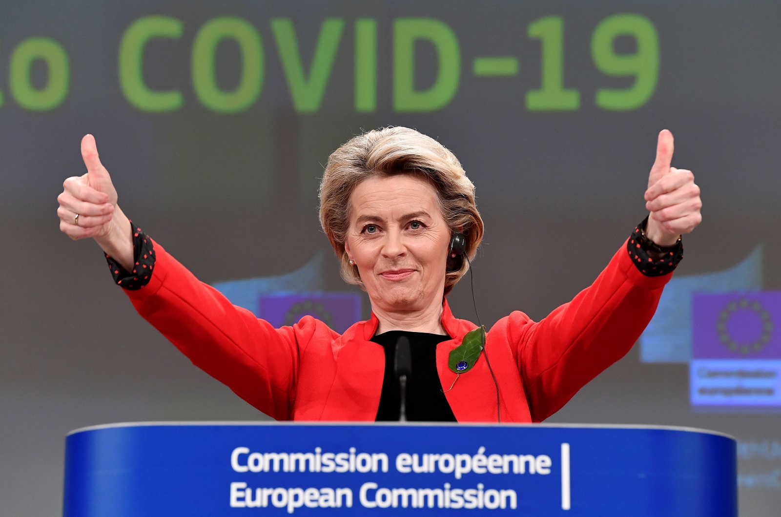 epa09079830 European Commission President Ursula von der Leyen poses with two thumbs up during a press conference following a college meeting to introduce draft legislation on a common EU Covid-19 vaccination certificate, in Brussels, Belgium, 17 March 2021. The European Commission announced the introduction of vaccination certificates, so-called 'Digital Green Certificate', for people vacinnated against Covid-19 in which the holder will provide informations on COVID-19 vaccination, recovery and test results by the end of summer. The certificate shall facilitate free travel within the EU under coronavirus pandemic restrictions.  EPA/JOHN THYS / POOL