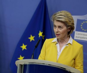 epa09094054 European Commission President Ursula von der Leyen addresses a media conference with US Secretary of State Antony Blinken (not pictured) at EU headquarters in Brussels, Belgium, 24 March 2021.  EPA/VIRGINIA MAYO / POOL