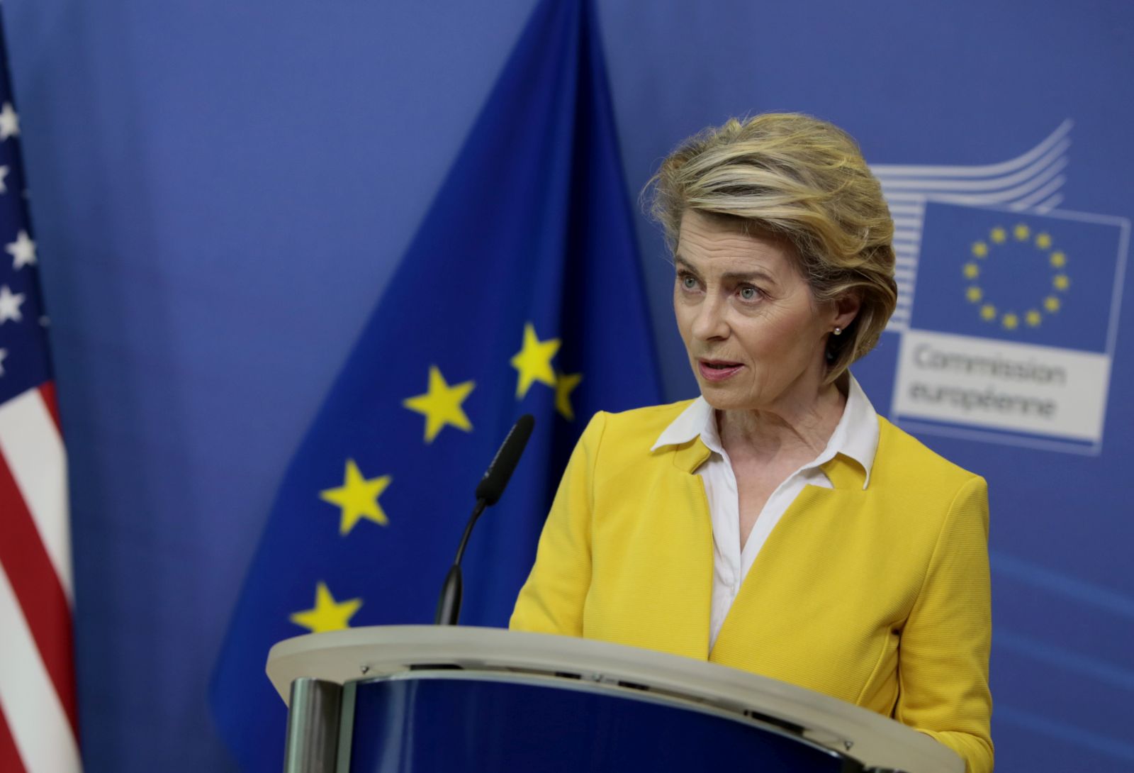 epa09094054 European Commission President Ursula von der Leyen addresses a media conference with US Secretary of State Antony Blinken (not pictured) at EU headquarters in Brussels, Belgium, 24 March 2021.  EPA/VIRGINIA MAYO / POOL