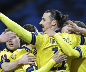 epa09097670 Sweden's Zlatan Ibrahimovic (C) celebrate his teams first goal during the FIFA World Cup 2022 qualifier soccer match between Sweden and Georgia at Friends Arena in Stockholm, Sweden, 25 March 2021.  EPA/Janerik Henriksson  SWEDEN OUT