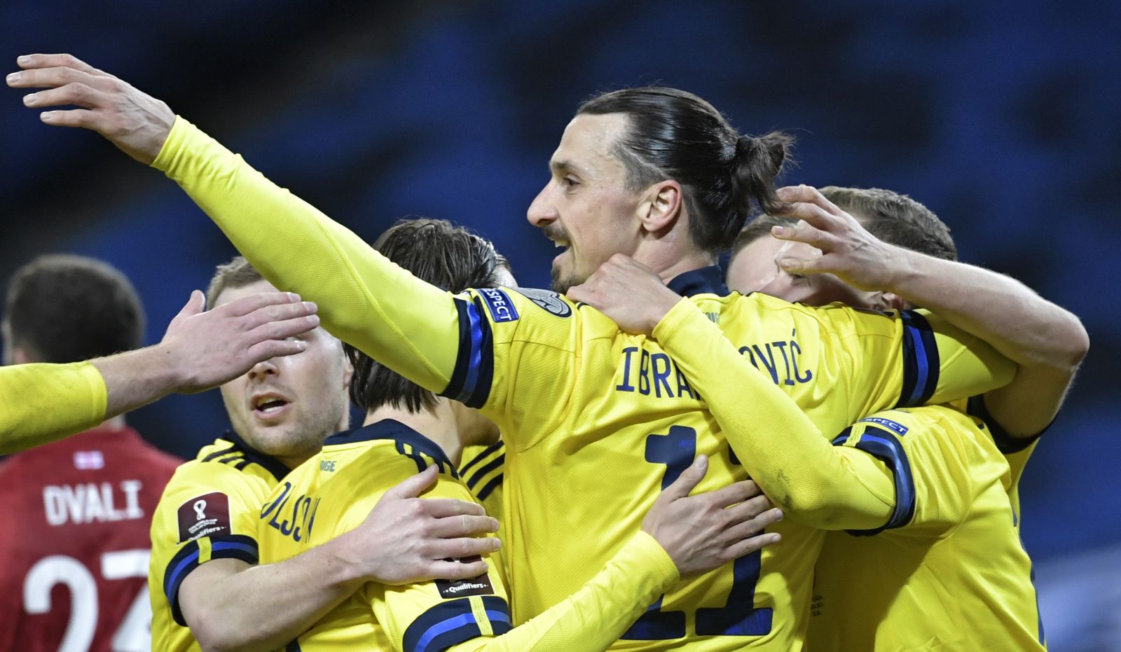 epa09097670 Sweden's Zlatan Ibrahimovic (C) celebrate his teams first goal during the FIFA World Cup 2022 qualifier soccer match between Sweden and Georgia at Friends Arena in Stockholm, Sweden, 25 March 2021.  EPA/Janerik Henriksson  SWEDEN OUT