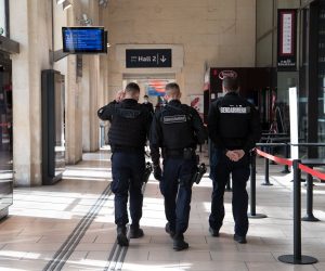 epa09101056 Policemen walk on the platform of Saint-Jean train station in Bordeaux, France, 27 March 2021. French Prime Minister Castex on March 18 announced additional lockdown restrictions in 16 regions of France as the country enters a third wave of the COVID-19 pandemic. With the new measures, more than 90,000 police and gendarmes mobilized for intensified controls in stations, airports and tolls while the health situation is critical with the third wave of coronavirus pandemic and the predominance of the British variant of the virus.  EPA/CAROLINE BLUMBERG