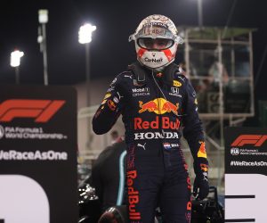epa09101384 Dutch Formula One driver Max Verstappen of Red Bull Racing  reacts after he took pole position during the qualifying session of the 2021 Formula One Grand Prix of Bahrain at the Sakhir circuit near Manama, Bahrain, 27 March 2021. The 2021 Bahrain Formula One race will take place on 28 March 2021.  EPA/Lars Baron / POOL