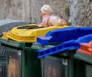 28.4.2020., Rijeka - Ostavljena igracka bebe na kontejneru za smece. Photo: Nel Pavletic/PIXSELL