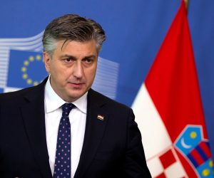 European Commission VP Dombrovskis and Croatian PM Plenkovic hold a news conference, in Brussels Croatia's Prime Minister Andrej Plenkovic gestures as he speaks during a news conference, at the EU headquarters in Brussels, Belgium March 12, 2021. Virginia Mayo/Pool via REUTERS POOL