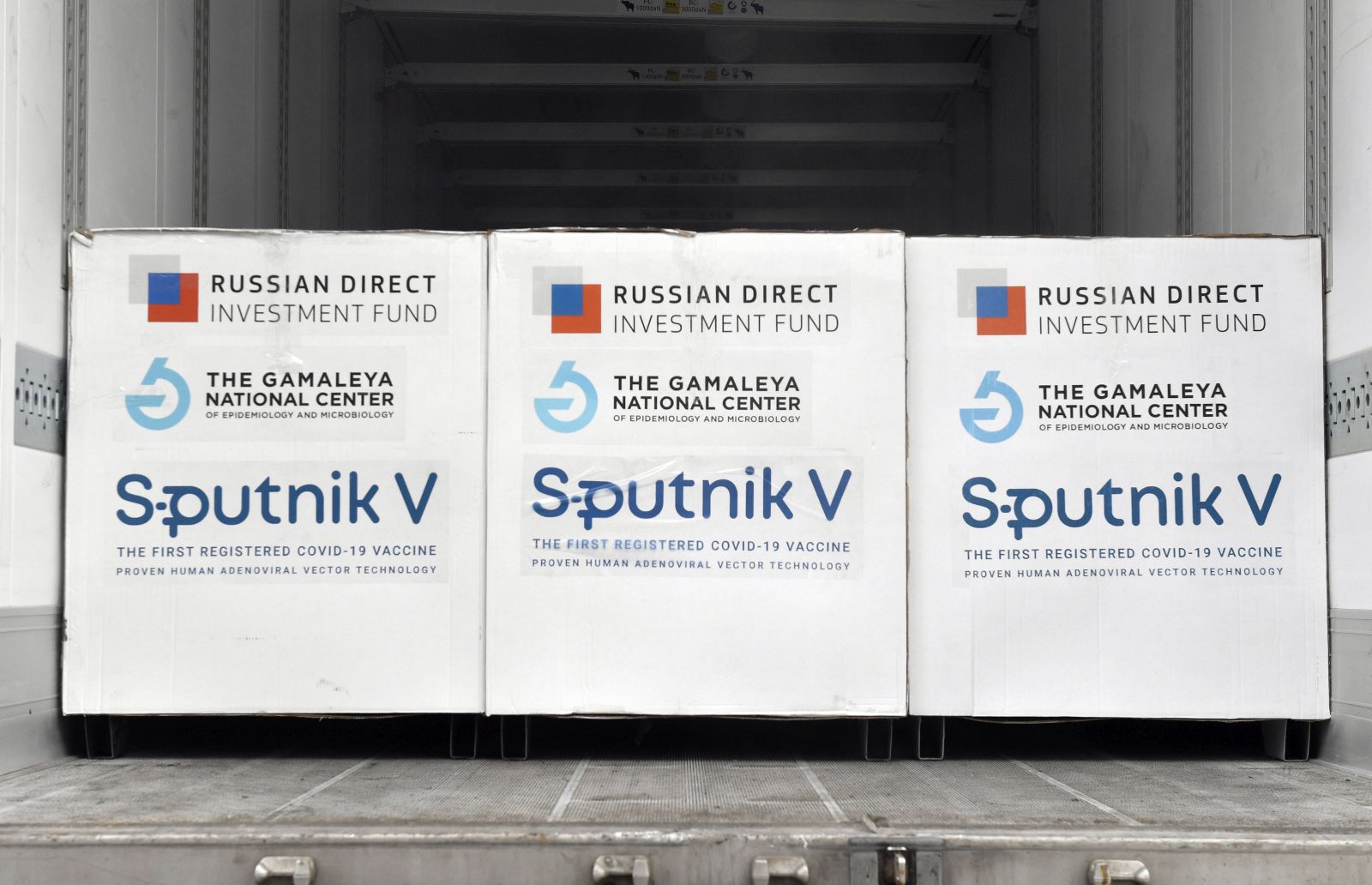 epa09051577 Boxes of Sputnik V vaccines are ready to be unloaded unloaded from a truck at a warehouse of Hungaropharma, a Hungarian pharmaceutical wholesale company, in Budapest, Hungary, after a shipment of 280 thousand doses of the Russian vaccine Sputnik V (Russian name: Gam-KOVID-Vak) arrived in Hungary 04 March 2021.  EPA/Zoltan Mathe HUNGARY OUT