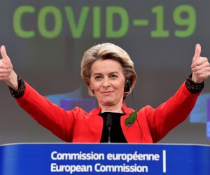 epa09079830 European Commission President Ursula von der Leyen poses with two thumbs up during a press conference following a college meeting to introduce draft legislation on a common EU Covid-19 vaccination certificate, in Brussels, Belgium, 17 March 2021. The European Commission announced the introduction of vaccination certificates, so-called 'Digital Green Certificate', for people vacinnated against Covid-19 in which the holder will provide informations on COVID-19 vaccination, recovery and test results by the end of summer. The certificate shall facilitate free travel within the EU under coronavirus pandemic restrictions.  EPA/JOHN THYS / POOL
