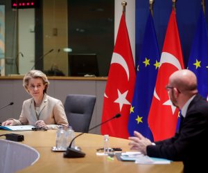 epa09083726 EU Council President Charles Michel (R) and EU Commission President Ursula von der Leyen (L) hold a video call with Turkey's President Recep Tayyip Erdogan (not seen) in Brussels, Belgium, 19 March 2021. The EU and Turkey are looking to improve their relations after tensions peaked in 2020 over maritime claims in the eastern Mediterranean.  EPA/STEPHANIE LECOCQ / POOL