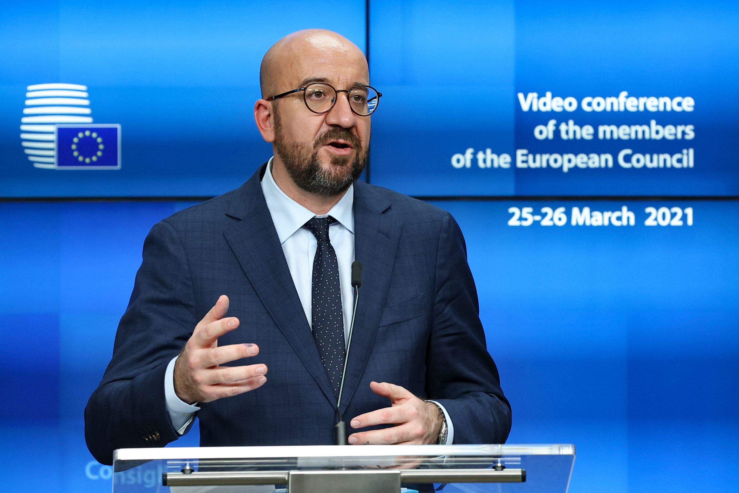 epa09097938 European Council President Charles Michel speaks during a joint press conference with the European Commission President Ursula von der Leyen (not pictured) at the end of the first day of a European Union (EU) summit over video conference at The European Council Building in Brussels, Belgium, 25 March 2021. A looming third wave of coronavirus and Europe's struggles to mount a vaccination drive is to dominate the EU video summit, despite a welcome guest appearance by the US President.  EPA/ARIS OIKONOMOU / POOL