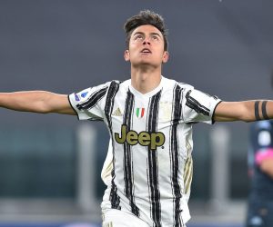 epa09121050 Juventus’ Paulo Dybala celebrates after scoring the 2-0 goal during the Italian Serie A soccer match Juventus FC vs SSC Napoli at the Allianz Stadium in Turin, Italy, 07 April 2021.  EPA/ALESSANDRO DI MARCO