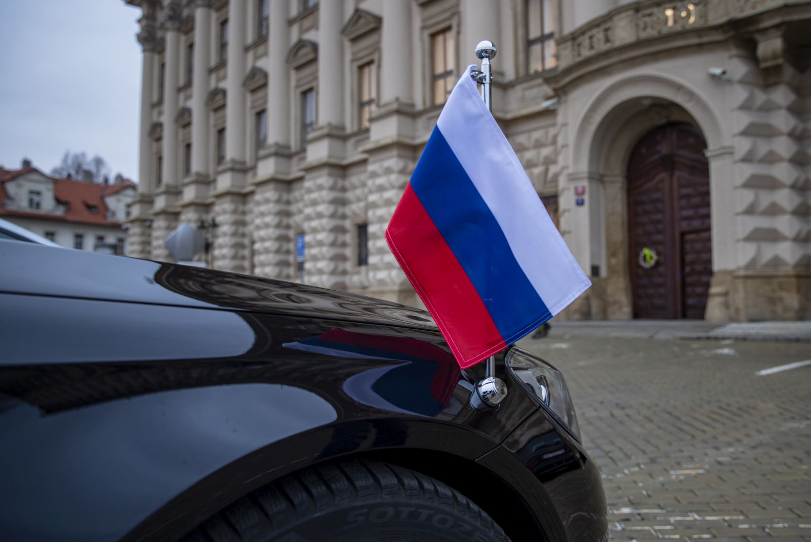 epa09142042 A car of Russian ambassador to Czech Republic stand in front of Czech Foreign Ministry in Prague, Czech Republic, 17 April 2021. According to the findings of the Czech security forces, there is reasonable suspicion that members of the Russian secret service GRU were involved in the explosion of the ammunition complex in Vrbetice in 2014, said Prime Minister Babis. Foreign Minister Jan Hamacek expelled all diplomats who were identified as members of the Russian secret services GRU and SVR. In all 18 people. They have 48 hours to leave the Czech Republic.  EPA/MARTIN DIVISEK