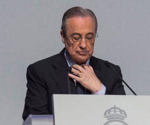 epa09144525 (FILE) - A file picture shows Real Madrid's president Florentino Perez delivering a speech during the event held to award members with 25, 50 and 60 years of membership at the IFEMA Trade Fair Center in Madrid, Spain, 03 November 2018 (reissued 19 April 2021). In the early hours of 19 April 2021 twelve European soccer clubs, AC Milan, Arsenal FC, Atletico de Madrid, Chelsea FC, FC Barcelona, FC Internazionale Milano, Juventus FC, Liverpool FC, Manchester City, Manchester United, Real Madrid CF and Tottenham Hotspur have announced the creation of a Super League. Florentino Prez will be the first chairman of the league.  EPA/Rodrigo Jimenez *** Local Caption *** 56800683
