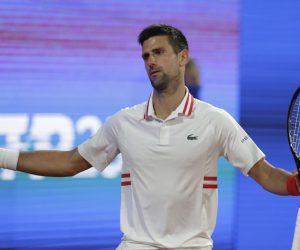 epa09157382 Novak Djokovic of Serbia reacts during his semi final match against Aslan Karatsev of Russia at the Serbia Open tennis tournament in Belgrade, Serbia, 24 April 2021.  EPA/ANDREJ CUKIC