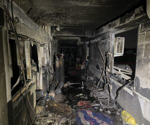 epa09157833 Aftermath of a fire at Ibn Al-Khatib Hospital, south of Baghdad, Iraq, 25 April 2021. At least 27 people died and dozens were injured when a fire broke out following the explosion of oxygen tanks at the hospital equipped to treat COVID-19 patients on 24 April.  EPA/MURTAJA LATEEF