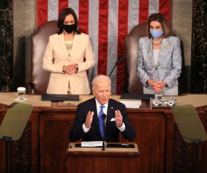 epa09166263 U.S. President Joe Biden addresses a joint session of congress as Vice President Kamala Harris (L) and Speaker of the House U.S. Rep. Nancy Pelosi (D-CA) (R) look on in the House chamber of the U.S. Capitol in Washington, DC, USA, 28 April 2021.  EPA/Chip Somodevilla / POOL