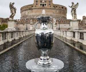 epa09147192 The Henri Delaunay Cup, which will be presented to the captain of the winning football team of the next UEFA EURO 2020, during the trophy tour at Castel Sant'Angelo in Rome, Italy, 20 April 2021. The UEFA EURO 2020 was originally scheduled to take place from 12 June to 12 July 2020, but was delayed due to COVID-19, and was later confirmed that it will take place from 11 June to 11 July 2021.  EPA/FABIO FRUSTACI