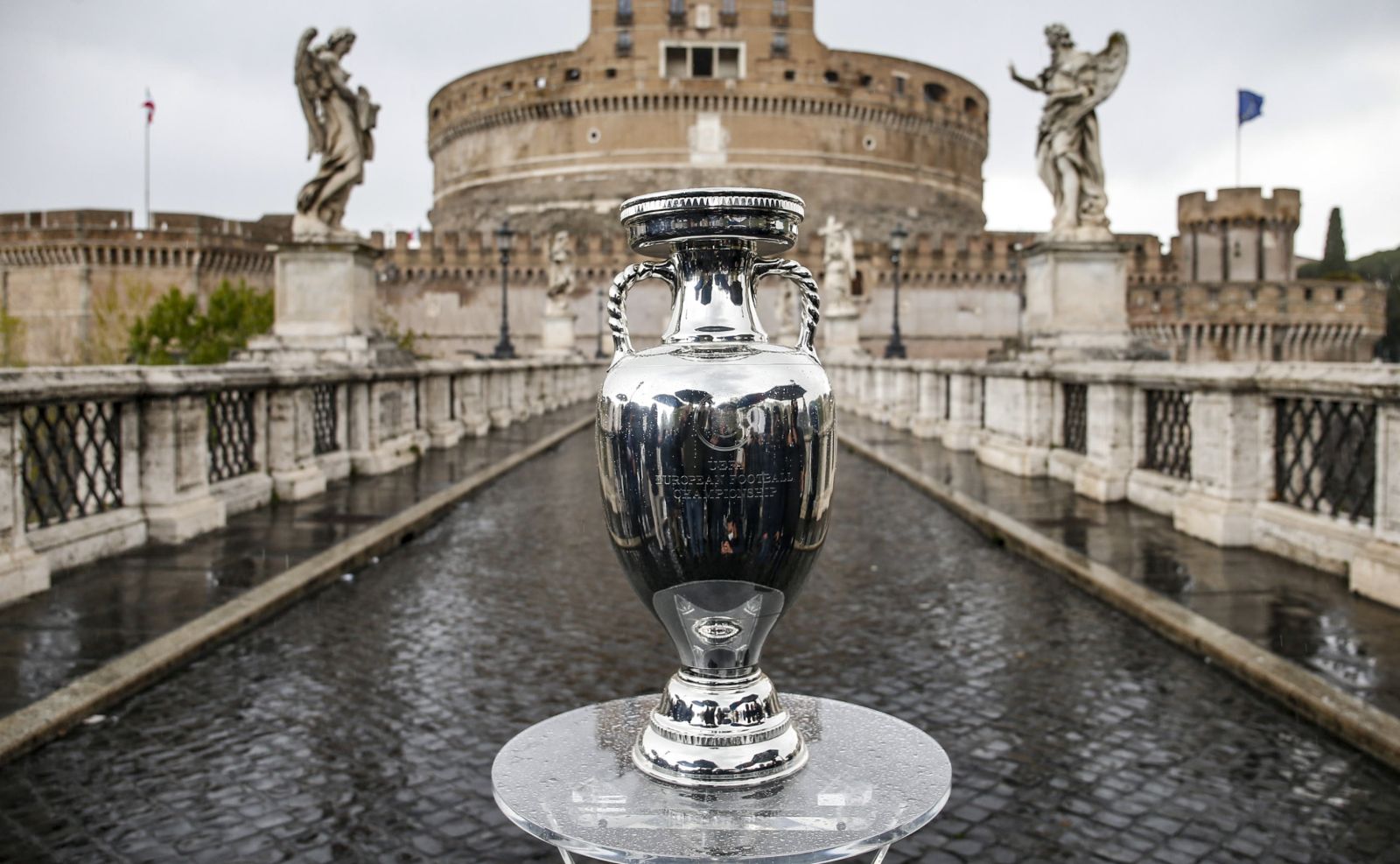 epa09147192 The Henri Delaunay Cup, which will be presented to the captain of the winning football team of the next UEFA EURO 2020, during the trophy tour at Castel Sant'Angelo in Rome, Italy, 20 April 2021. The UEFA EURO 2020 was originally scheduled to take place from 12 June to 12 July 2020, but was delayed due to COVID-19, and was later confirmed that it will take place from 11 June to 11 July 2021.  EPA/FABIO FRUSTACI
