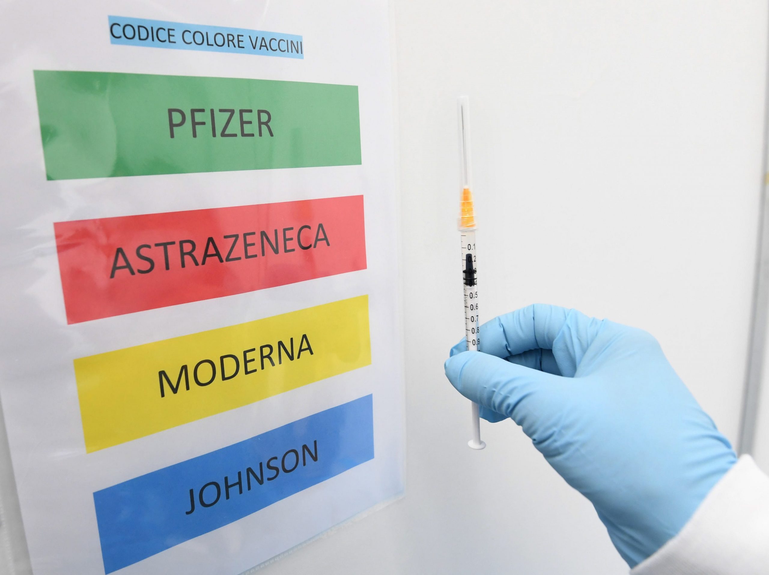 epa09170062 A medical staff holds a syringe next to a color code sign listing the Covid-19 vaccines BioNTech/Pfizer, AstraZeneca, Moderna and Johnson&Johnson at the Covid-19 vaccination hub set up in Novegro, near Milan, Italy, 30 April 2021.  EPA/Daniel Dal Zennaro