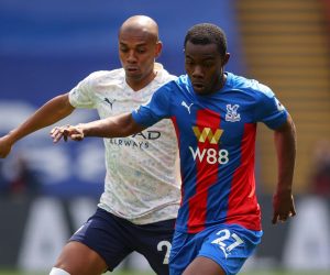 epa09171233 Tyrick Mitchell (R) of Crystal Palace in action against Fernandinho (L) of Manchester City during the English Premier League soccer match between Crystal Palace and Manchester City in London, Britain, 01 May 2021.  EPA/Catherine Ivill / POOL EDITORIAL USE ONLY. No use with unauthorized audio, video, data, fixture lists, club/league logos or 'live' services. Online in-match use limited to 120 images, no video emulation. No use in betting, games or single club/league/player publications.