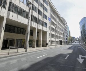 epa09175429 A deserted European district in Brussels, Belgium, 03 May 2021. A year after the Covid pandemic's first lock down, the European district appears like ghost town, as most of the around 40,000  European staff workers are asked to work from home.  EPA/OLIVIER HOSLET