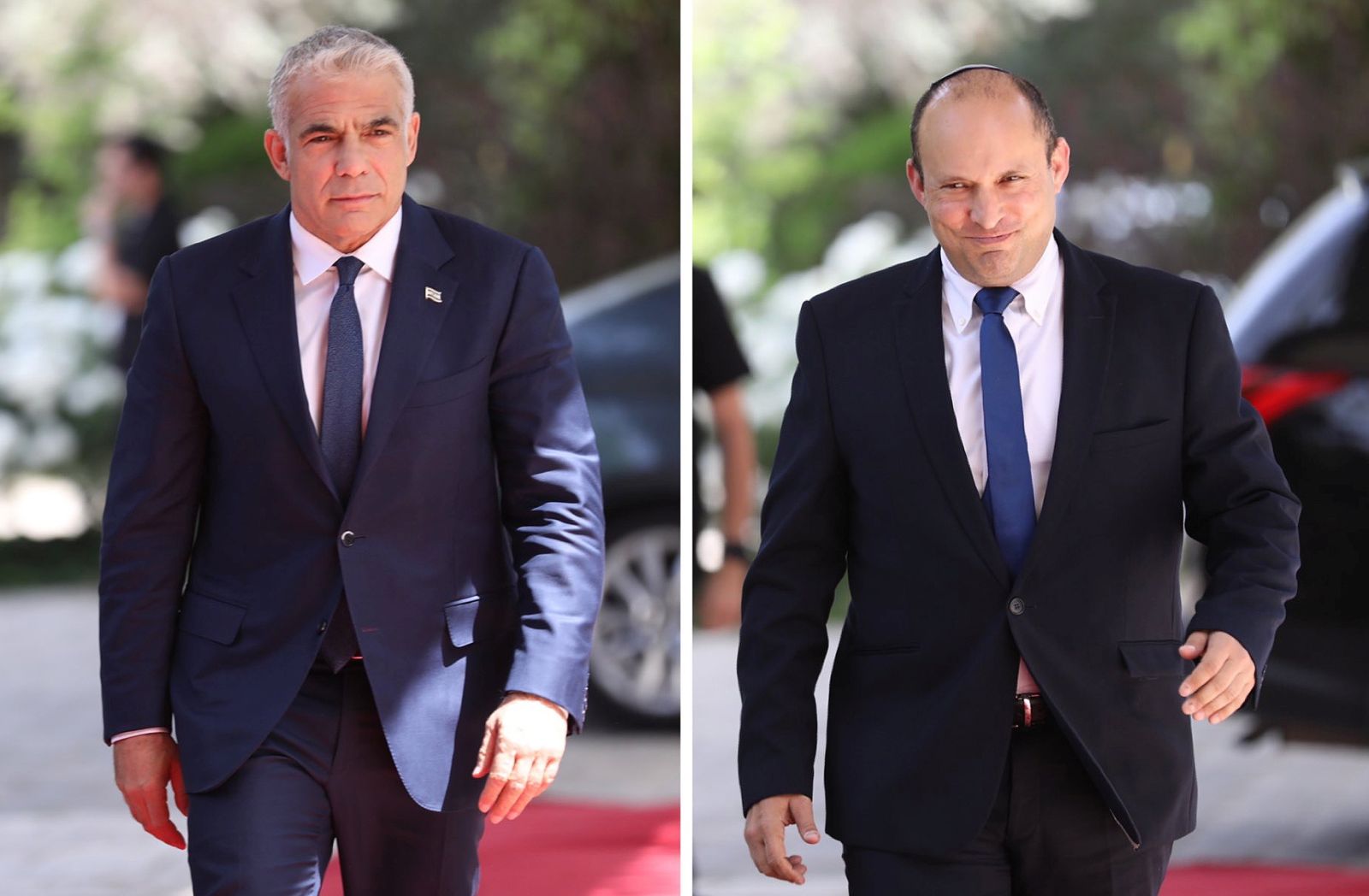 epa09178453 A combination photograph shows the Leader of the Yemina party, Naftali Bennett (R) and leader of the Yessh Atid party, Yair Lapid (L) both entering the residence of President Reuven Rivlin, in Jerusalem, Israel, 05 May 2021. Israeli Prime Minister Benjamin Netanyahu failed to form a government with at least 61 Knesset seats as the deadline issued by the President has ended. The mandate to form a government is expected to pass to the Yesh Atid party and a rotation deal with Naftali Bennett.  EPA/ABIR SULTAN