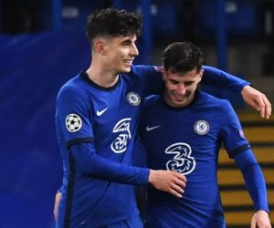 epa09179832 Mason Mount (R) of Chelsea celebrates with teammate Kai Havertz after scoring the 2-0  during the UEFA Champions League semi final, second leg soccer match between Chelsea FC and Real Madrid in London, Britain, 05 May 2021.  EPA/Neil Hall