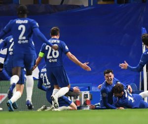 epa09179833 Mason Mount (bottom facing) of Chelsea celebrates with teammates after scoring the 2-0  during the UEFA Champions League semi final, second leg soccer match between Chelsea FC and Real Madrid in London, Britain, 05 May 2021.  EPA/Neil Hall