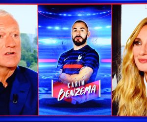 epa09209714 A portrait of France's forward Karim Benzema (C) is displayed as France's head coach Didier Deschamps (L), flanked by French journalist Marie Portolano, announces the France’s squad list for the UEFA Euro 2020 football tournament, on the TV set of French television channel TF1 in Boulogne Billancourt, on the outskirts of Paris, France, 18 May 2021.  EPA/FRANCK FIFE / POOL  MAXPPP OUT