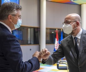 epa09225119 European Council President Charles Michel (R) greets Croatia's Prime Minister Andrej Plenkovic prior to a meeting on the sidelines of an EU summit in Brussels, Belgium, 24 May 2021. European Union leaders are expected, during a two day in-person meeting, to focus on foreign relations, including Russia, and the UK.  EPA/Olivier Matthys / POOL