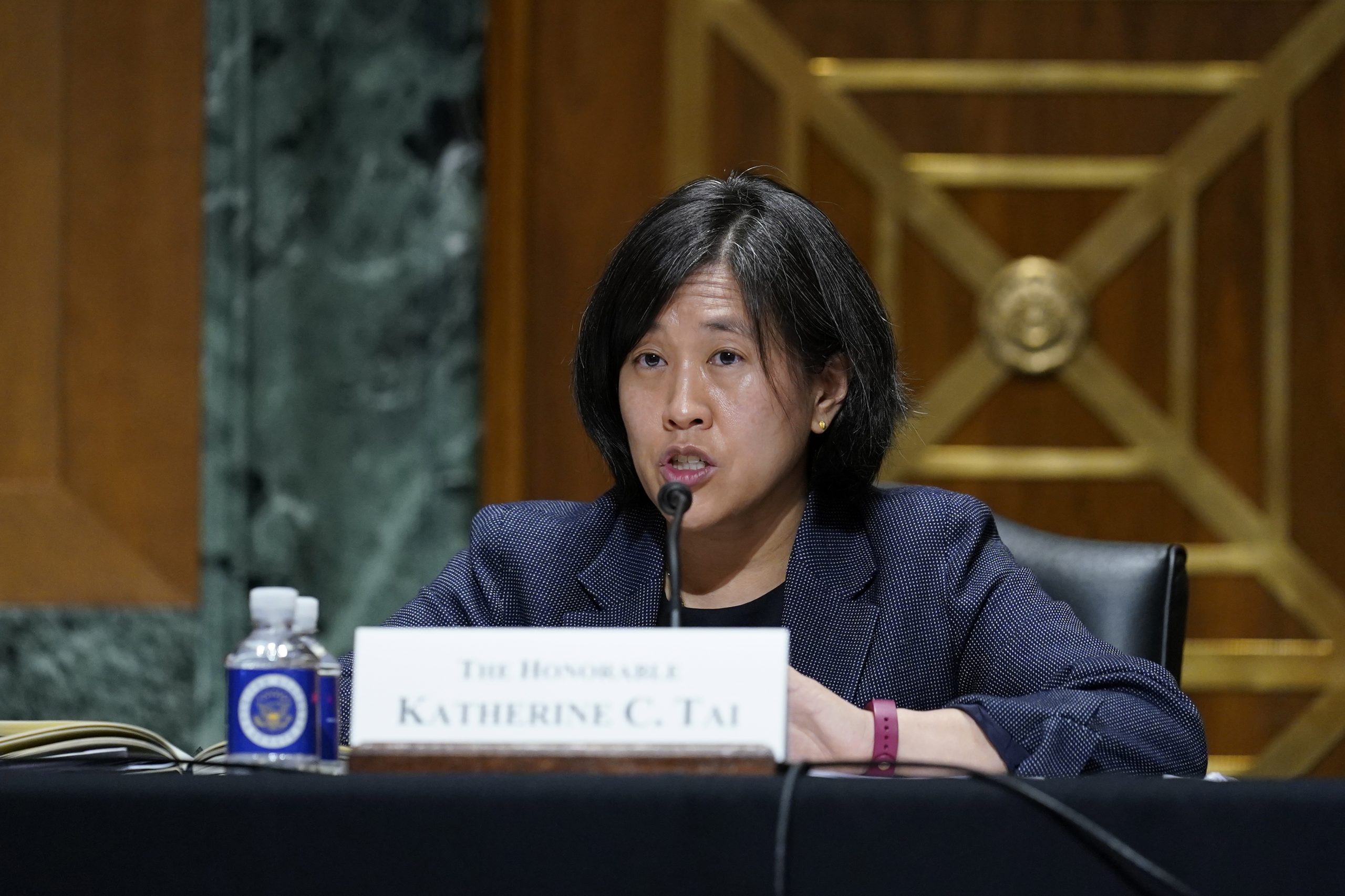 epa09230627 (FILE) - United States Trade Representative Katherine C. Tai testifies before the Senate Finance Committee on Capitol Hill in Washington, DC, USA, 12 May 2021, during a hearing to examine President Joe Biden's 2021 trade policy agenda (reissued 27 May 2021). China's Vice-Premier Liu He and US Trade Representative (USTR) Katherine Tai held their first telephone call on 27 May 2021, the first talks between top trade negotiators of the two countries since US President Joe Biden took office at the White House.  EPA/Susan Walsh / POOL