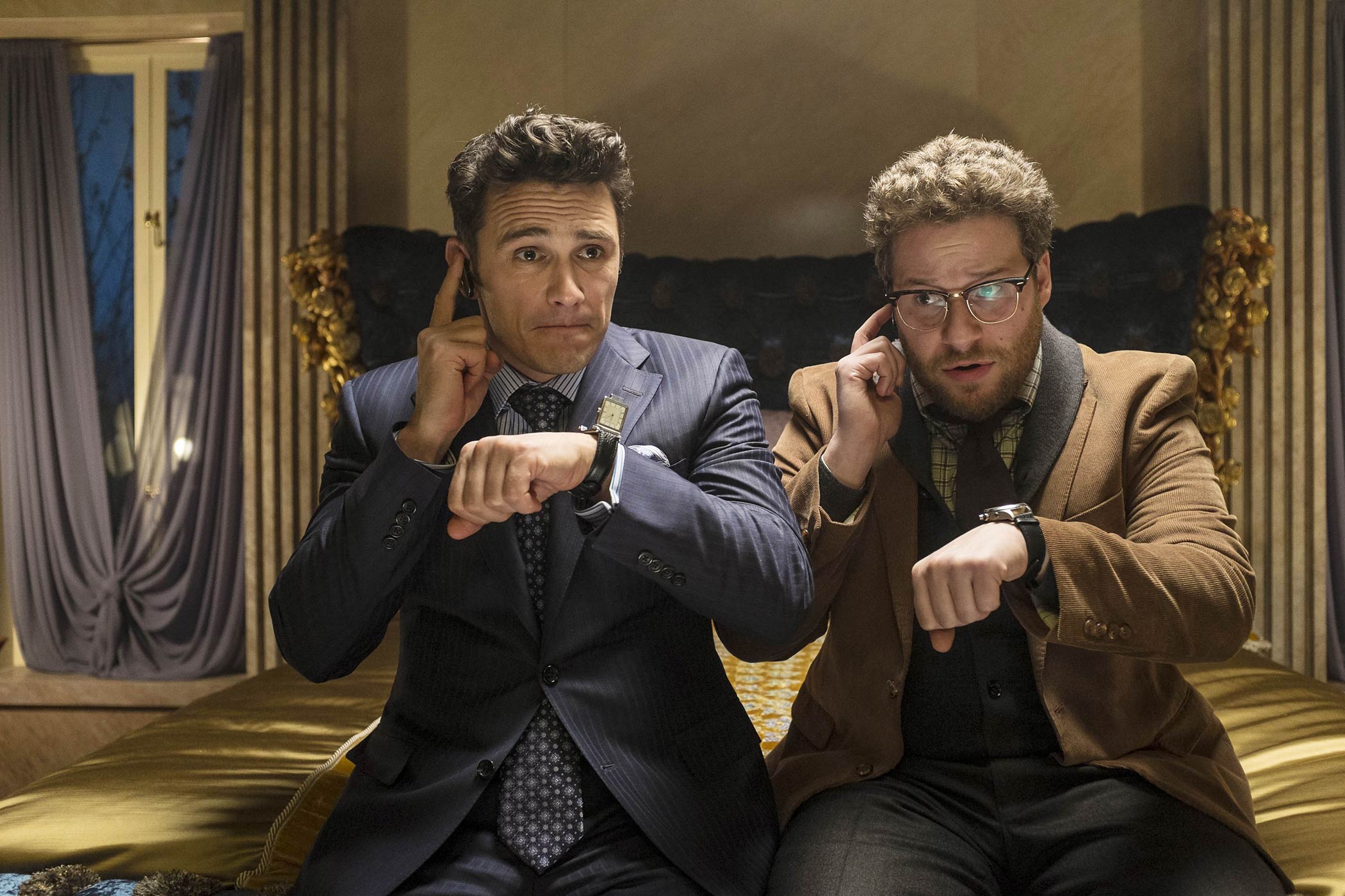 UK. James Franco and Seth Rogen in the ©Columbia Pictures new film: The Interview (2014)
Plot: Dave Skylark and his producer Aaron Rapoport run the popular celebrity tabloid TV show "Skylark Tonight." When they discover that North Korean dictator Kim Jong-un is a fan of the show, they land an interview with him in an attempt to legitimize themselves as journalists. As Dave and Aaron prepare to travel to Pyongyang, their plans change when the CIA recruits them, perhaps the two least-qualified men imaginable, to assassinate Kim Jong-un. 
Ref: LMK106-50085-141114
Supplied by LMKMEDIA. 
Editorial Only. Landmark Media is not the copyright owner of these Film or TV stills but provides a service only for recognised Media outlets. pictures@lmkmedia.com
