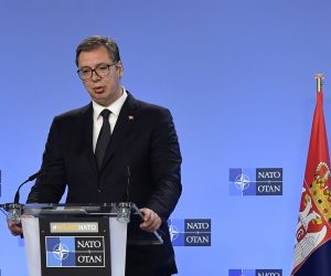 epa09207295 Serbian President Aleksandar Vucic (L) speaks during a joint press conference with NATO Secretary General Jens Stoltenberg (R), after their bilateral meeting at the Nato Alliance's headquarters in Brussels, Belgium, 17 May 2021  EPA/JOHN THYS / POOL