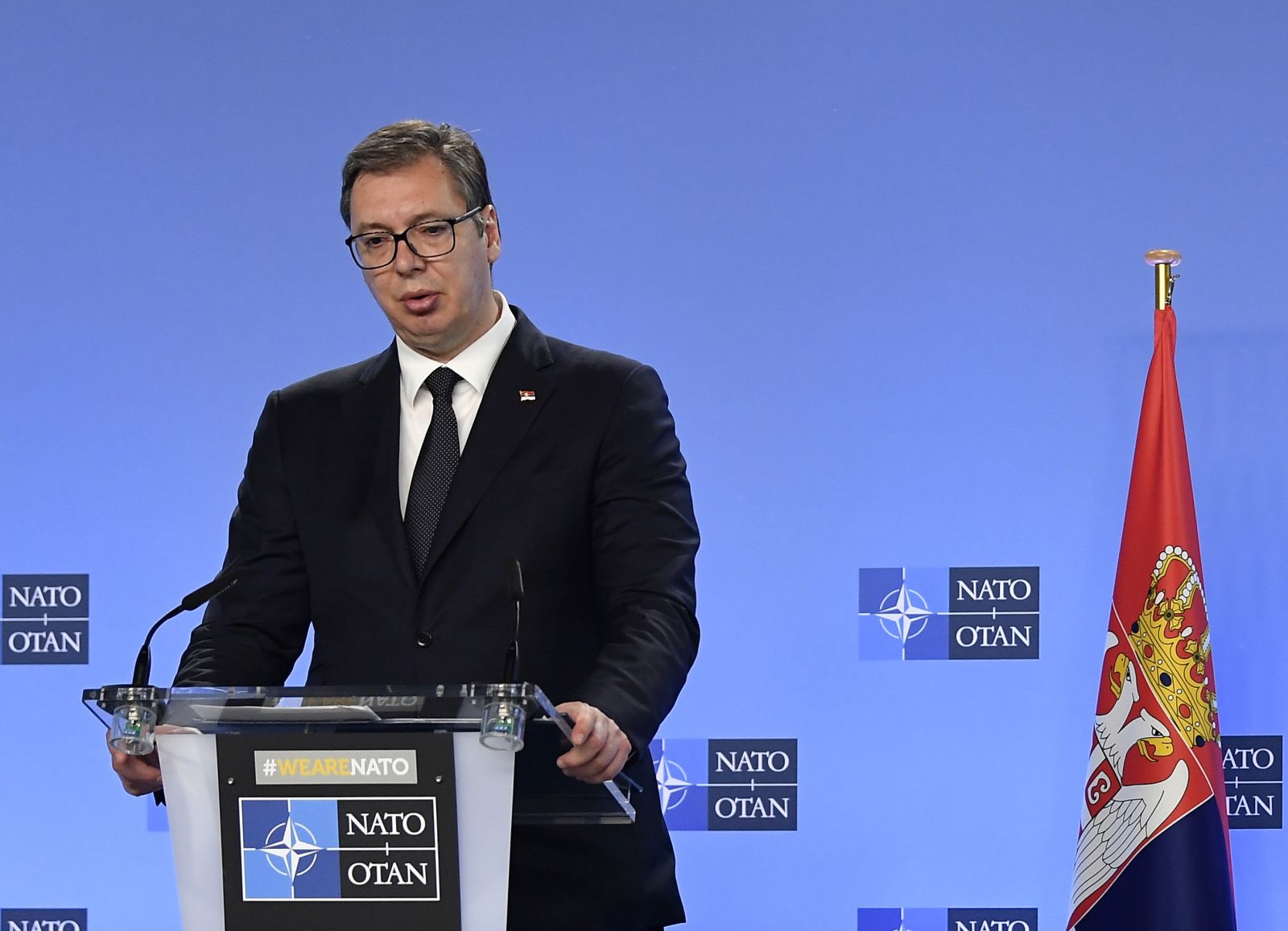 epa09207295 Serbian President Aleksandar Vucic (L) speaks during a joint press conference with NATO Secretary General Jens Stoltenberg (R), after their bilateral meeting at the Nato Alliance's headquarters in Brussels, Belgium, 17 May 2021  EPA/JOHN THYS / POOL