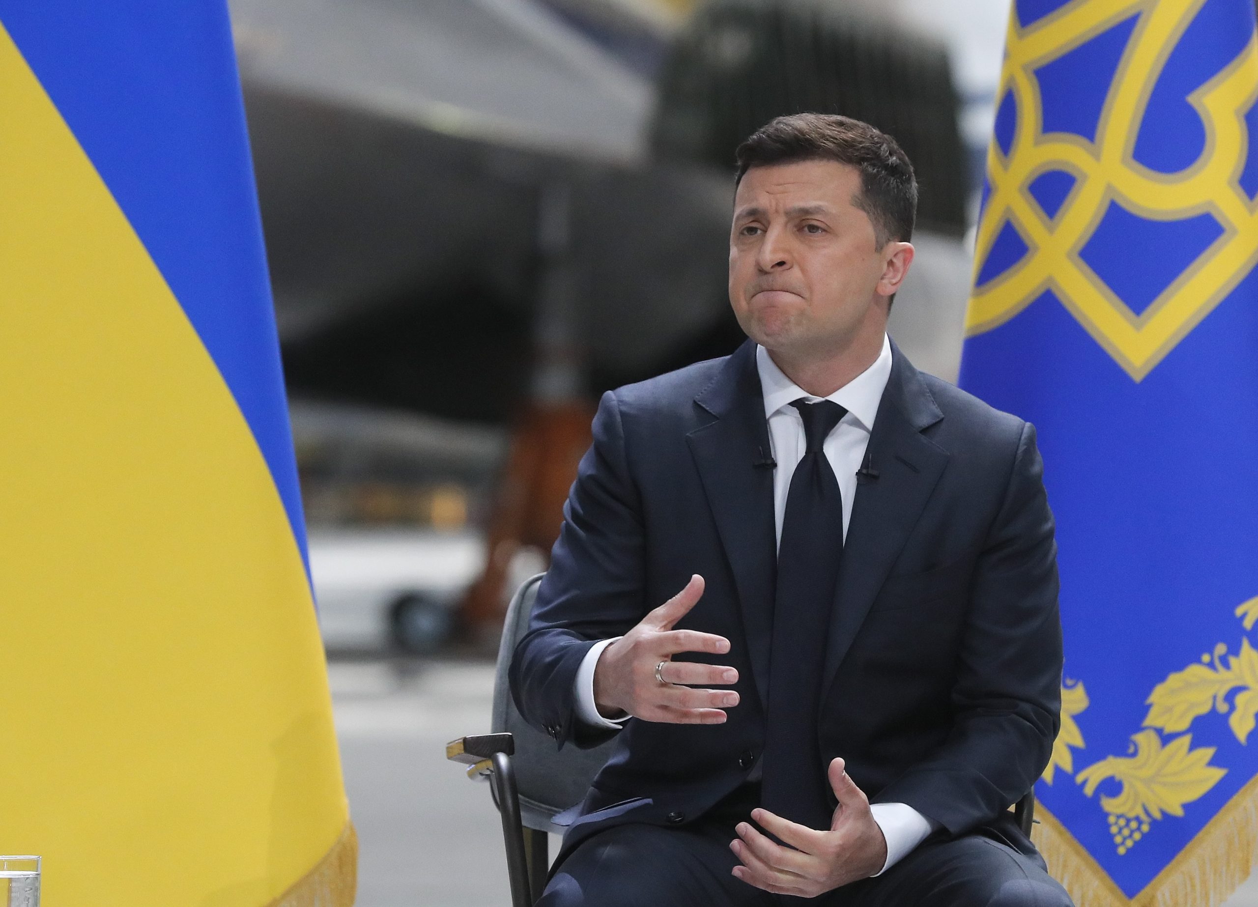 epa09214679 Ukrainian President Volodymyr Zelensky speaks during a press conference at the Antonov aircraft plant in Kiev, Ukraine, 20 May 2021. Zelensky answered journalists' questions during a press conference about his two years in office.  EPA/SERGEY DOLZHENKO