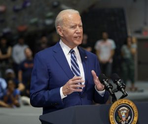 epa09233693 US President Joe Biden delivers remarks at Sportrock Climbing Center in Alexandria, Virginia, USA, 28 May 2021, to celebrate the significant progress Virginia has made in the fight against COVID-19, in partnership with the Biden-Harris Administration.  EPA/Chris Kleponis / POOL