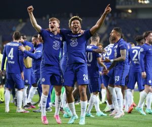 epa09236205 Chelsea players Timo Werner (L) and Reece James celebrate after winning the UEFA Champions League final between Manchester City and Chelsea FC in Porto, Portugal, 29 May 2021.  EPA/HUGO DELGADO