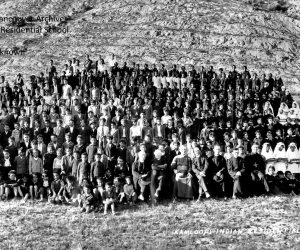 epa09236276 A handout photo made available by the National Centre for Truth and Reconciliation at the University of Manitoba reportedly shows a gathering at the Kamloops Indian Residential School in Kamloops, British Columbia, Canada in 1933 (issued on 29 May 2021). According to a statement issued by Chief Rosanne Casimir of the Tk'emlups te Secwépemc First Nation on 27 May 2021 a mass grave has been located at the site of the school that contains the bodies of 215 children whose deaths went undocumented. The school operated from 1890 through 1978 as a place to force youth from indigenous tribes into giving up their language and culture.  EPA/NATIONAL CENTER FOR TRUTH AND RECONCILIATION / HANDOUT BEST QUALITY AVAILABLE HANDOUT EDITORIAL USE ONLY/NO SALES