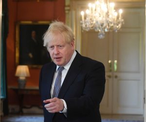 epa09242718 British Prime Minister Boris Johnson (R) meets NATO Secretary General Jens Stoltenberg (L) in n10 Downing street in London, Britain, 02 June 2021.  EPA/FACUNDO ARRIZABALAGA / POOL