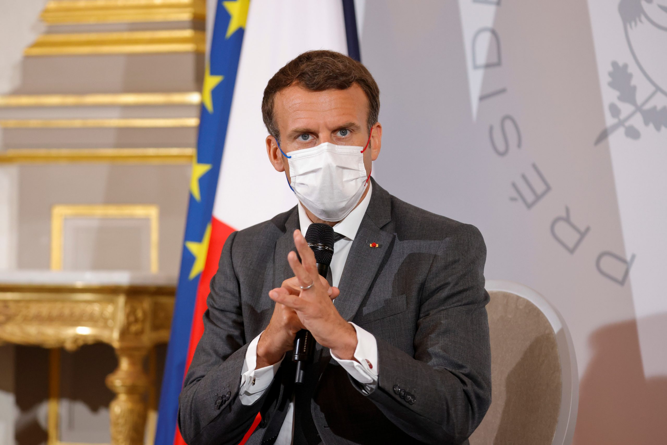 epa09258284 French President Emmanuel Macron attends a meeting with NGO representatives ahead of the G7 Summit, at the Elysee Palace in Paris, France, 09 June 2021. The 47th G7 will be held in Britain from 11 to 13 June.  EPA/PASCAL ROSSIGNOL / POOL  MAXPPP OUT