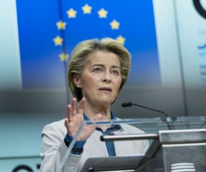 epa09259058 European Commission President Ursula von der Leyen speaks during a joint news conference with European Council President Charles Michel ahead of the G7 summit, at the EU headquarters in Brussels, Belgiuem, 10 June 2021. Charles Michel and Ursula von der Leyen will attend the G7 summit in Cornwall, southwest England.  EPA/Francisco Seco / POOL