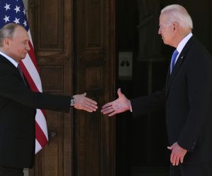 epa09275849 US President Joe Biden (R) and Russian President Vladimir Putin (L) shake hands during the US-Russia summit at the Villa La Grange, in Geneva, Switzerland, 16 June 2021.  EPA/ALEXANDER ZEMLIANICHENKO / POOL