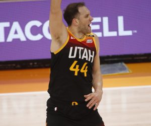 epa09278543 Utah Jazz forward Bojan Bogdanovic celebrates his three point shot during the first half of game five of the 2021 NBA Western Conference Semifinals basketball playoff series between the Los Angeles Clippers and the Utah Jazz at the Vivint Arena in Salt Lake City, Utah, USA, 16 June 2021.  EPA/George Frey SHUTTERSTOCK OUT
