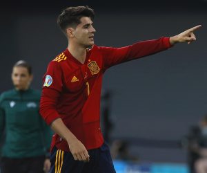 epa09286874 Alvaro Morata of Spain celebrates after scoring the 1-0 lead during the UEFA EURO 2020 group E preliminary round soccer match between Spain and Poland in Seville, Spain, 19 June 2021.  EPA/Marcel Del Pozo / POOL (RESTRICTIONS: For editorial news reporting purposes only. Images must appear as still images and must not emulate match action video footage. Photographs published in online publications shall have an interval of at least 20 seconds between the posting.)