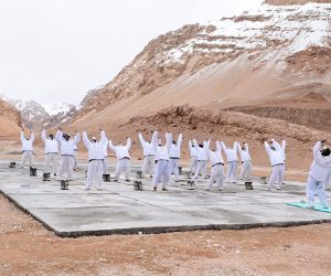 epa09289868 A handout photo made available by the Indo-Tibetan Border Police (ITBP) shows Indo-Tibetan Border Police officers performing yoga during the International Day of Yoga at a height of about 15,000 feet in Ladakh, India, 21 June 2021. In December 2014, the United Nations (UN) declared 21 June as the International Day of Yoga after adopting a resolution proposed by Indian Prime Minister Narendra Modi.  EPA/INDO-TIBETAN BORDER POLICE HANDOUT  HANDOUT EDITORIAL USE ONLY/NO SALES